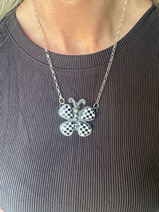 Checkered butterfly necklace