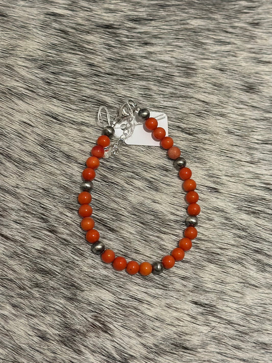Red coral and Sterling Silver pearl bracelet